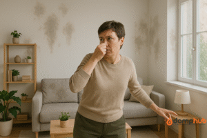 someone holding their nose due to bad smell in the house like invaded by damp and carpet beetles