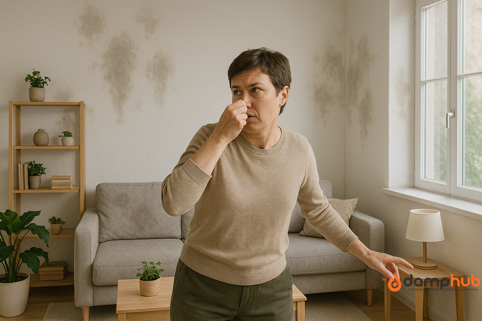 someone holding their nose due to bad smell in the house like invaded by damp and carpet beetles