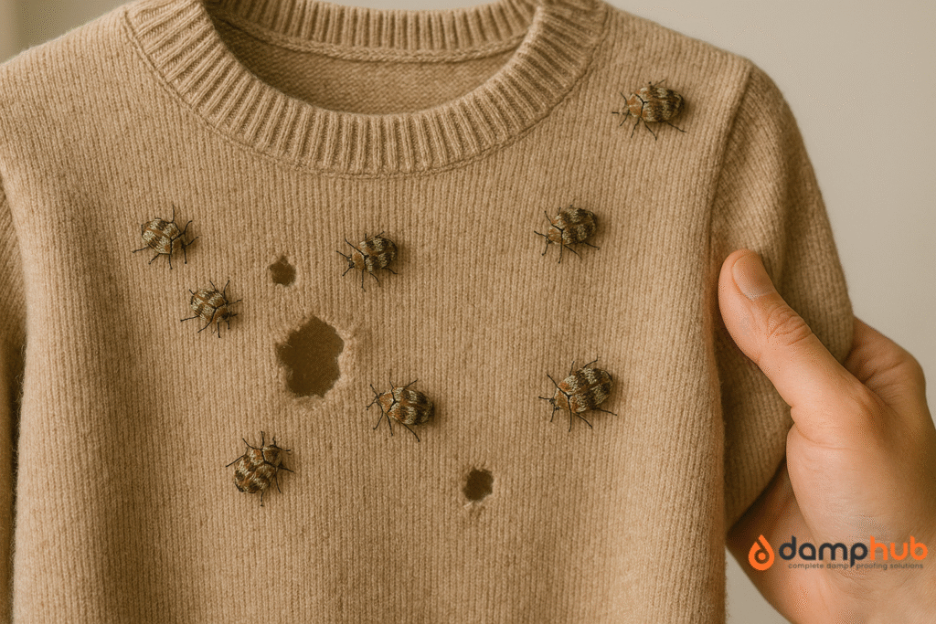 A high-resolution, landscape image of a beige wool sweater with several holes, being held up by a person inspecting the damage. Multiple varied carpet beetles are crawling across the fabric, clearly showing their mottled brown, white, and black patterns.
