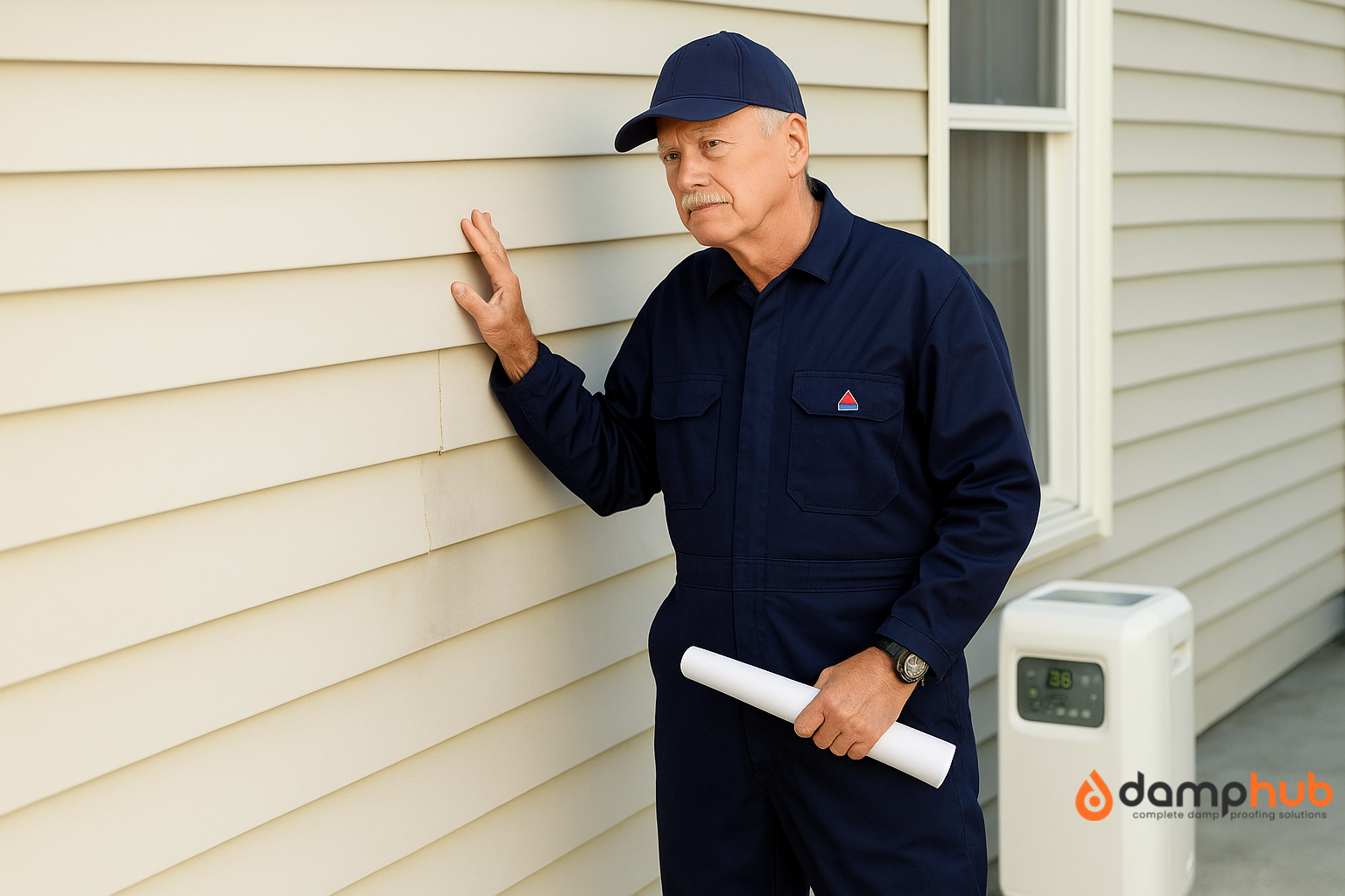 Damp surveyor in full protective gear inspecting house exterior.