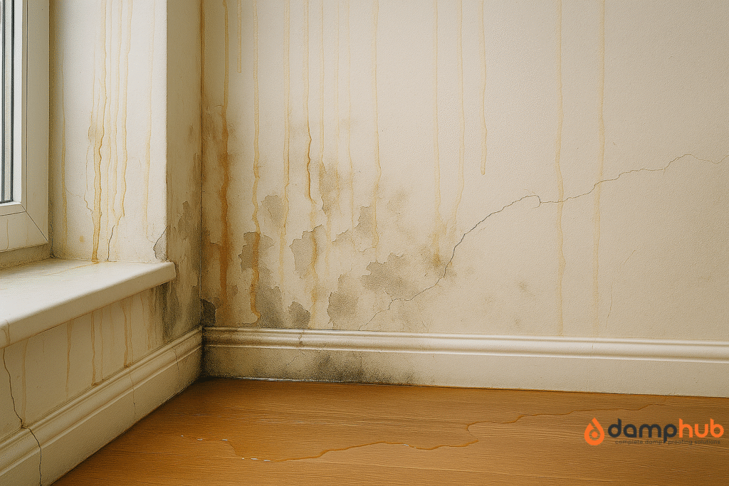 A corner of a room showing severe water damage on the walls, with brown and black damp stains, visible cracks, and streaks running down from a window sill. The white paint is discoloured, and a puddle of water is spreading across the wooden floor.