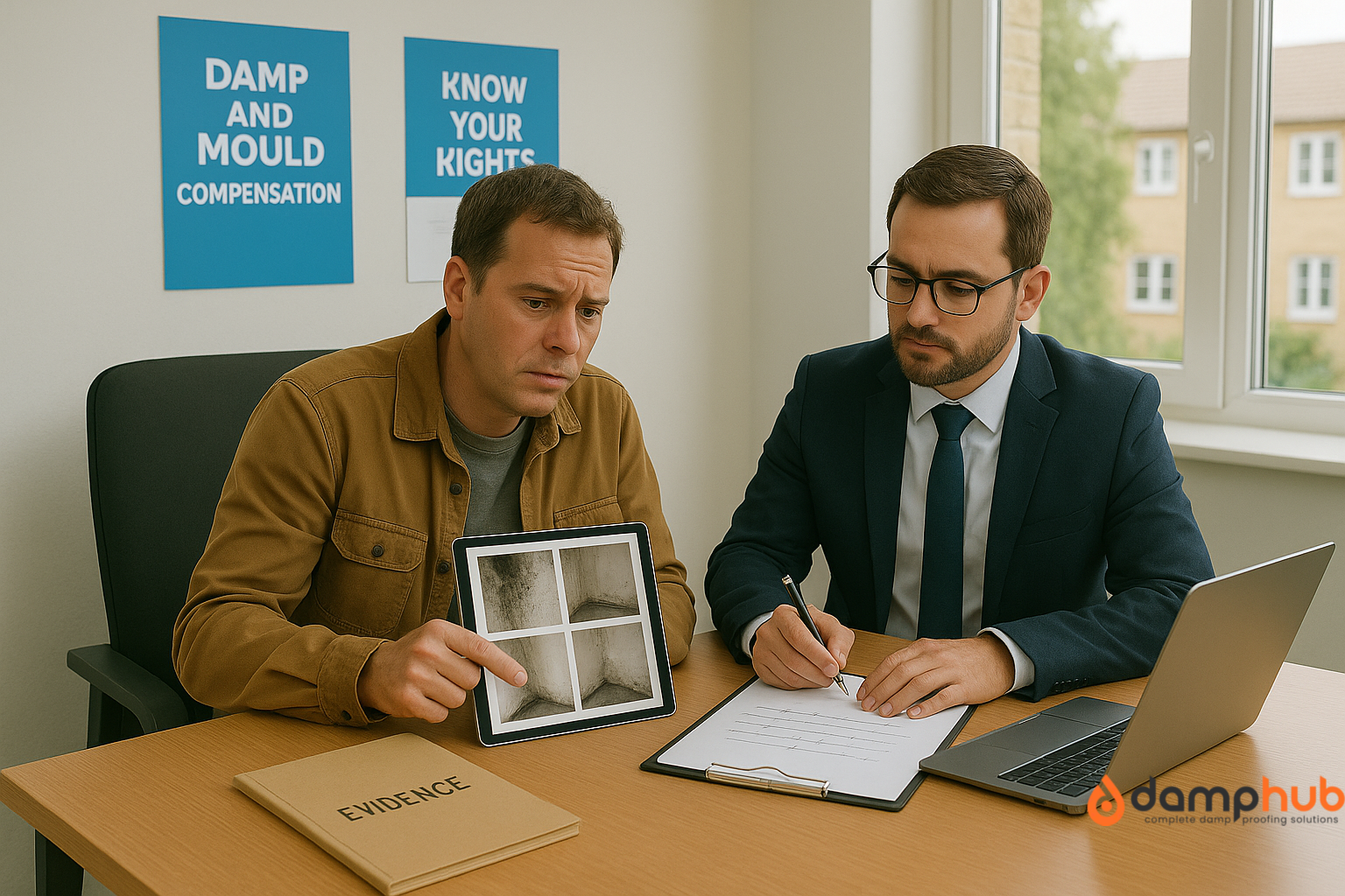 Homeowner showing clear photos of damp and mould damage on a tablet while consulting with a lawyer in an office. The lawyer takes notes on a clipboard, with posters behind them reading “Damp and Mould Compensation” and “Know Your Rights” — illustrating a legal claim consultation.