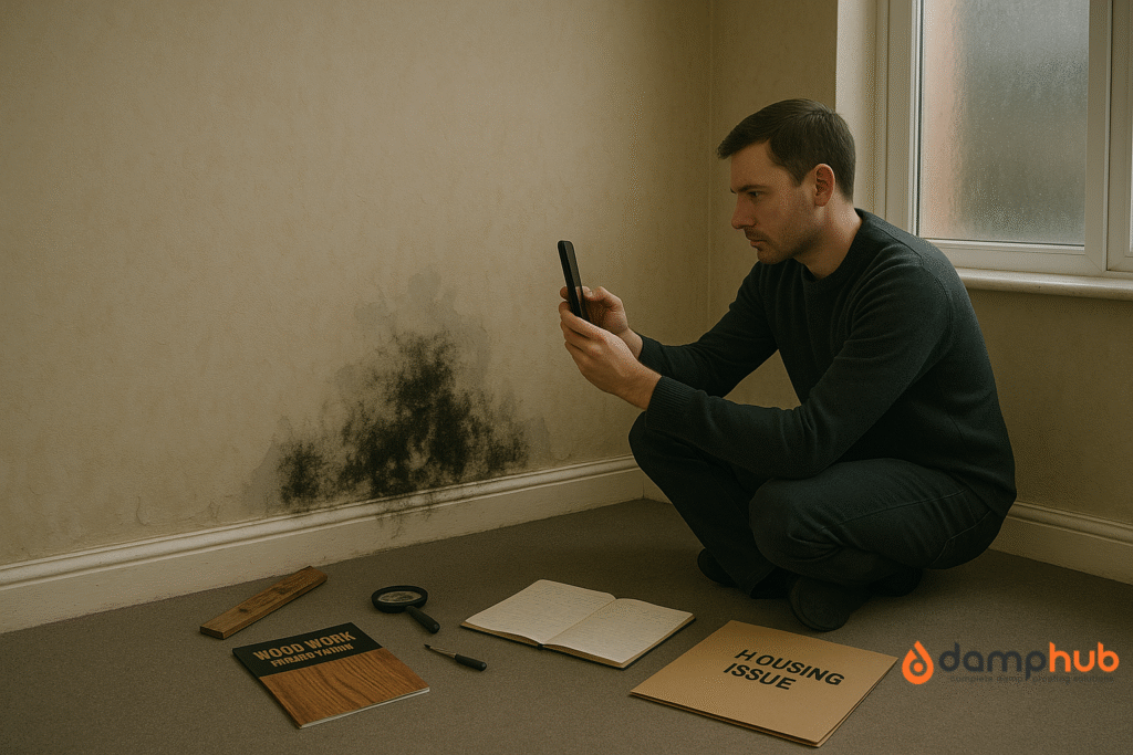 A man sits on one bent leg, photographing black mould on a wall. Nearby are a notepad, tools, and a folder labeled “HOUSING ISSUE.”