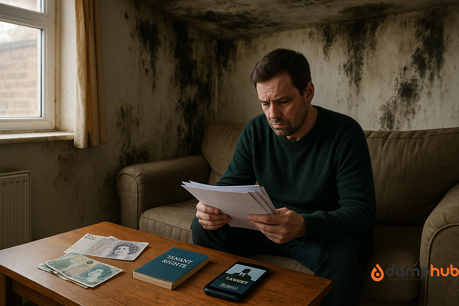 a man in a damp and mould invaded wall. The man is holding documents probably equipping himself with damp and mould issues