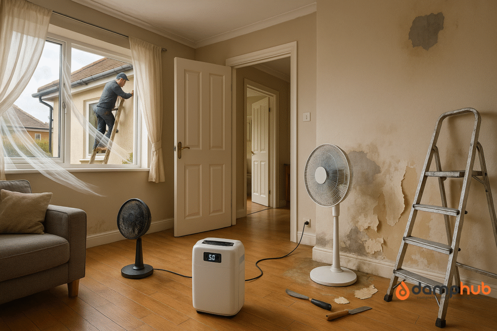 A cozy room with open windows, a fan and heater drying a damp wall, a dehumidifier running, doors ajar, stripped wallpaper, and a person outside cleaning gutters.