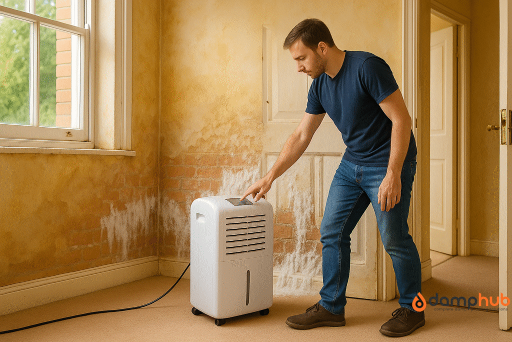 a man using a dehumidifier in a room affected by efflorescence.