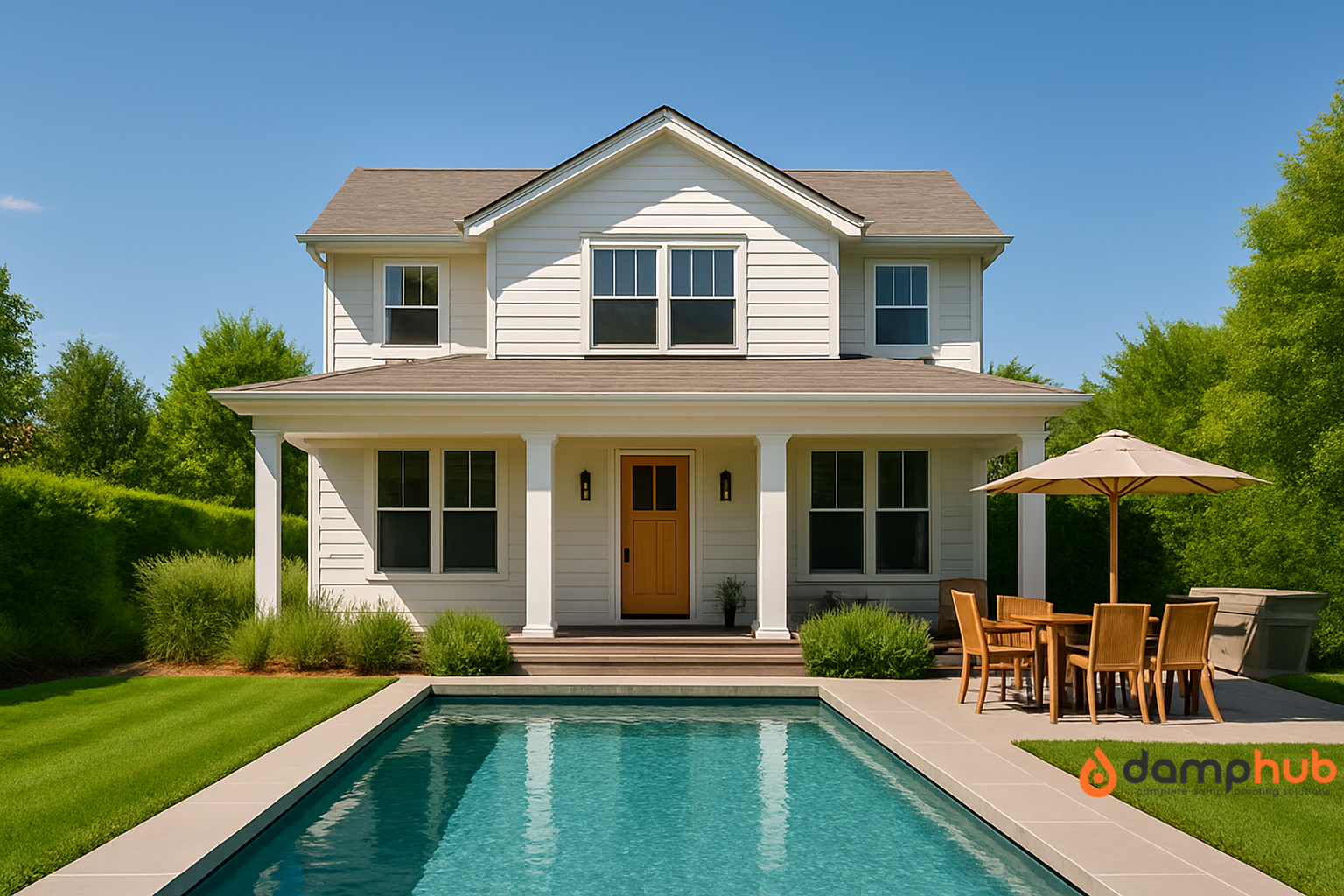 Modern two-story white house with a front porch, pool, and outdoor dining area under a large umbrella, set against a bright blue summer sky with text overlay reading "Boost Home Value With Six Upgrades."