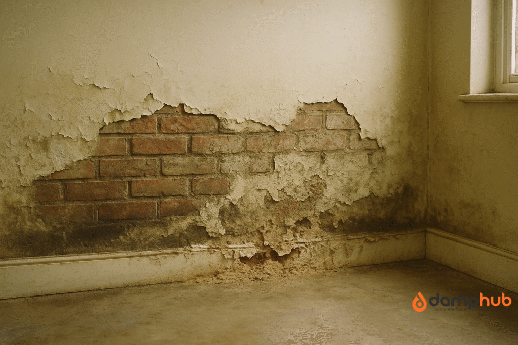 Types of damp: rising damp illustrated on the damaged wall