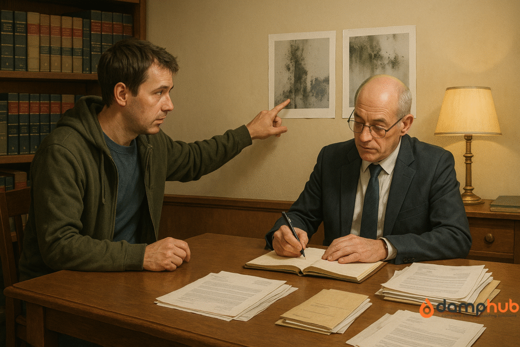 A tenant in the UK seeks legal advice for damp and mould damage compensation. The image shows a serious consultation with a solicitor, highlighting the legal steps tenants can take to claim compensation.
