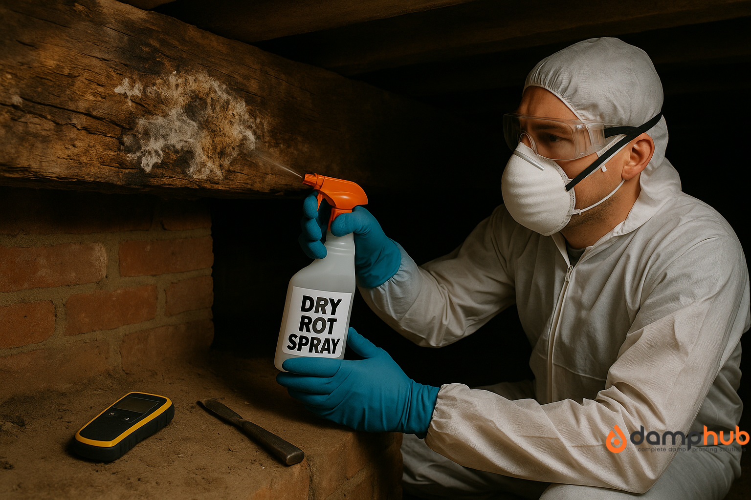 treating dry rot lifecycle with dry rot spray