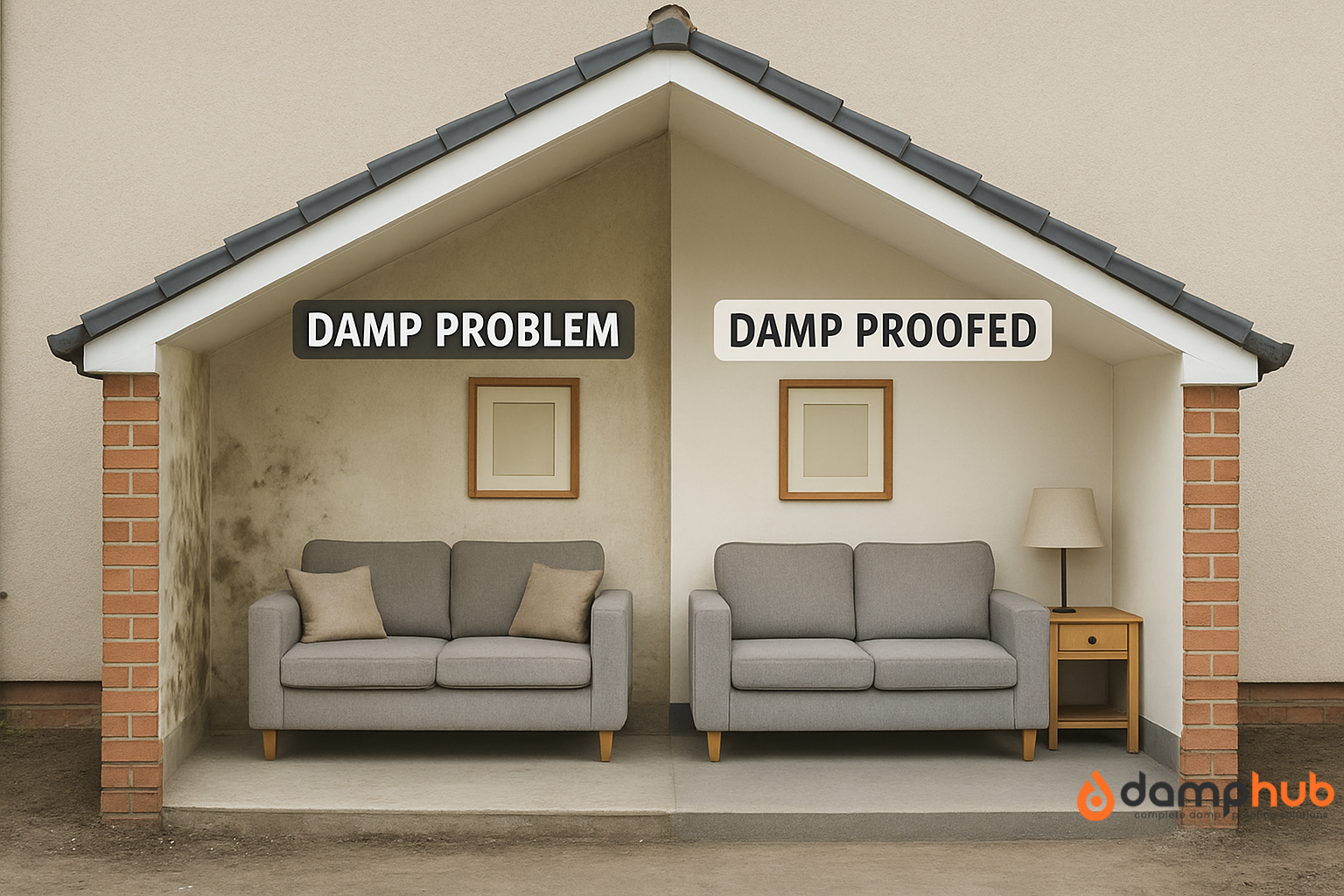 A realistic side-by-side comparison of a gable-roofed house interior. The left half shows a damp problem with moldy, stained walls and a dirty concrete floor. The right half displays a clean, damp-proofed room with white walls, a tidy concrete floor, a modern sofa, and a side table with a lamp—highlighting the transformation after effective damp proofing.