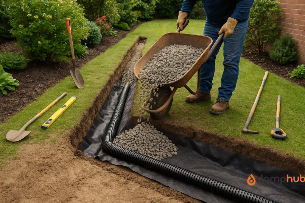 A worker wearing gloves, jeans, and boots pours gravel from a wheelbarrow into a trench lined with black landscape fabric during French drain installation. A black perforated drainage pipe is partially laid in the trench. Nearby on the grass are a shovel, spirit level, and tape measure. The backyard is tidy with a well-kept lawn, flowerbeds, and a brick house wall in the background under clear daylight.