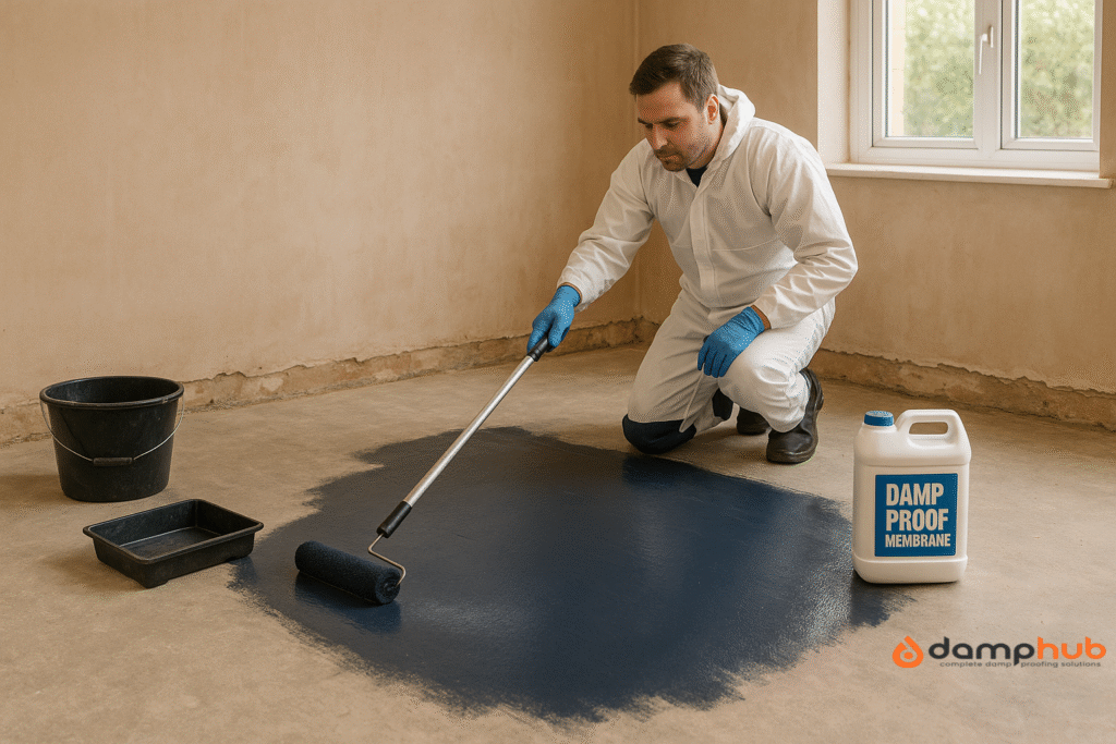 A professional UK damp proofing contractor wearing white protective overalls, gloves, and kneepads applies a thick dark blue liquid damp proof membrane to a concrete subfloor using a long-handled roller. The room is under renovation with bare plastered walls, removed skirting boards, and natural daylight streaming through a window. Nearby are black plastic buckets, a paint tray, and a clearly labeled container reading "DAMP PROOF MEMBRANE." The glossy wet membrane reflects the soft light, highlighting the work in progress.