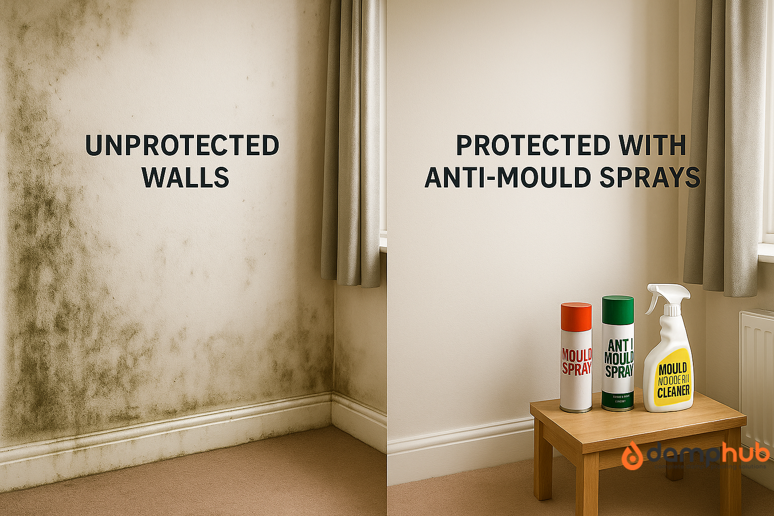 A realistic, side-by-side comparison image of a UK interior wall in a bedroom or lounge. The left side is labeled "UNPROTECTED WALLS" and shows heavy mould with black and green patches along the skirting and corners. The right side is labeled "PROTECTED WITH ANTI-MOULD SPRAYS" and features a clean, freshly painted wall with no signs of mould. On a small wooden table in the protected room corner, there are three clearly labeled mould spray bottles. Lighting and angle are consistent on both sides to highlight the contrast.