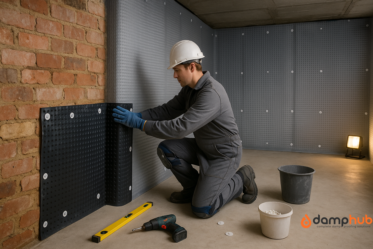 A worker in grey overalls, kneepads, gloves, and a white hard hat installs a black studded tanking membrane on an exposed brick basement wall. He kneels on a concrete floor and presses the membrane into place using fixing plugs. Tools such as a yellow spirit level, power drill, and plastic buckets are nearby, and the room is well-lit with a work lamp, showing a clean, mid-renovation setting.