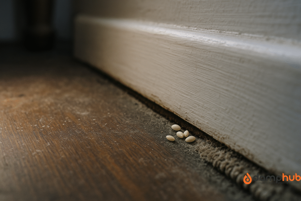 Woodworm eggs clustered at the base of a skirting board on an old wooden floor, showing how infestations begin when adult beetles lay eggs in cracks or untreated timber.
