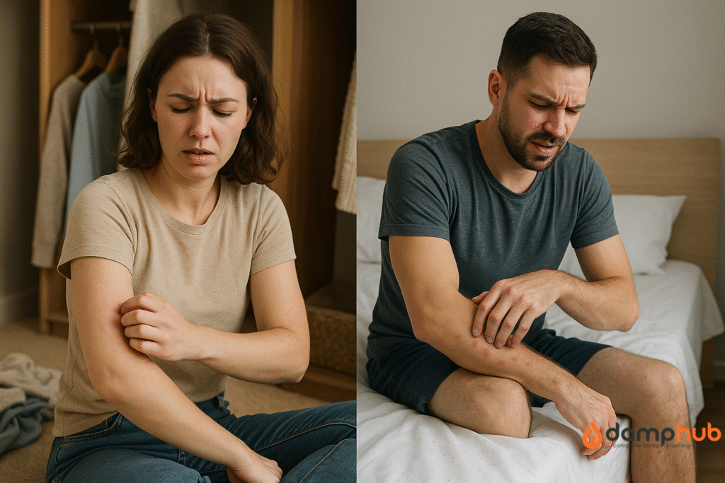 Carpet beetle larvae vs bed bug bites comparison — split-screen image showing a woman scratching a rash from carpet beetle larvae near clothing, and a man scratching swollen bed bug bites on a bed with visible dark spots on the sheets.