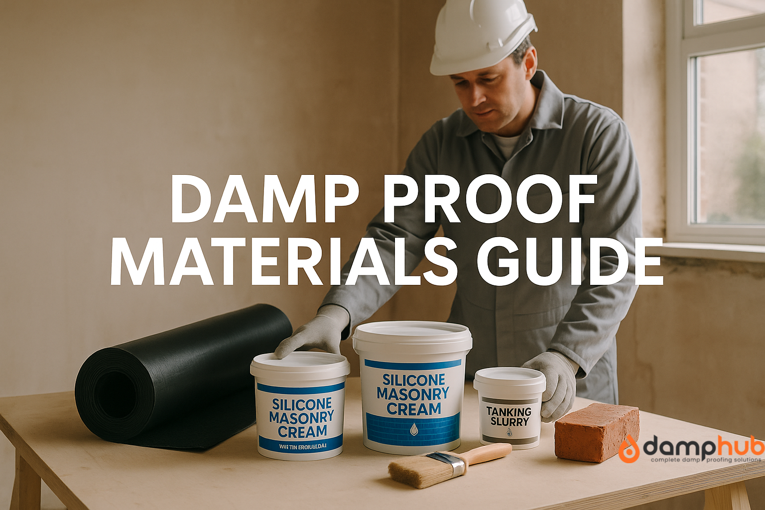 A construction technician in full PPE, including a white coverall, blue gloves, and a hard hat, stands behind a wooden workbench arranging damp proofing materials. The materials include a black roll of damp proof membrane, a tub labeled “Silicone Masonry Cream,” a smaller container labeled “Tanking Slurry,” a masonry brush, and two bricks. Large white text reading “Damp Proof Materials Guide” is centered over the image. The background shows an unfinished UK interior with plastered and exposed brick walls, and natural light enters from a nearby window.
