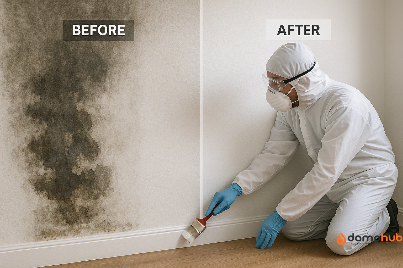 A professional painter in full protective gear kneels on a wooden floor while applying damp seal paint to an interior wall. The wall is split vertically into two sections: the left side, labeled "BEFORE" at mid-height, shows dark damp stains and flaking; the right side, labeled "AFTER," displays a clean, smooth white finish. Natural lighting highlights the contrast between the untreated and freshly painted surfaces.