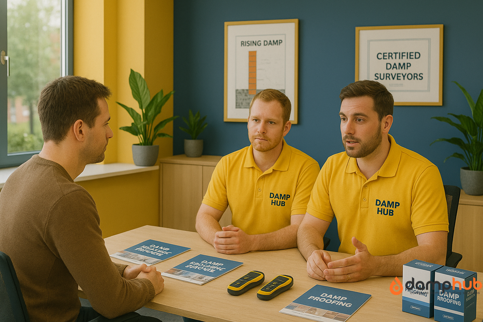 A realistic image showing a UK homeowner in a brown jumper seated across a table from two male DampHub experts wearing yellow branded polo shirts. They are inside a professional damp treatment office with blue and yellow walls, indoor plants, and framed posters that read "RISING DAMP" and "CERTIFIED DAMP SURVEYORS." The table has brochures labeled “DAMP PROOFING,” moisture meters, and DampHub product boxes. The experts appear to be explaining damp proofing options.
