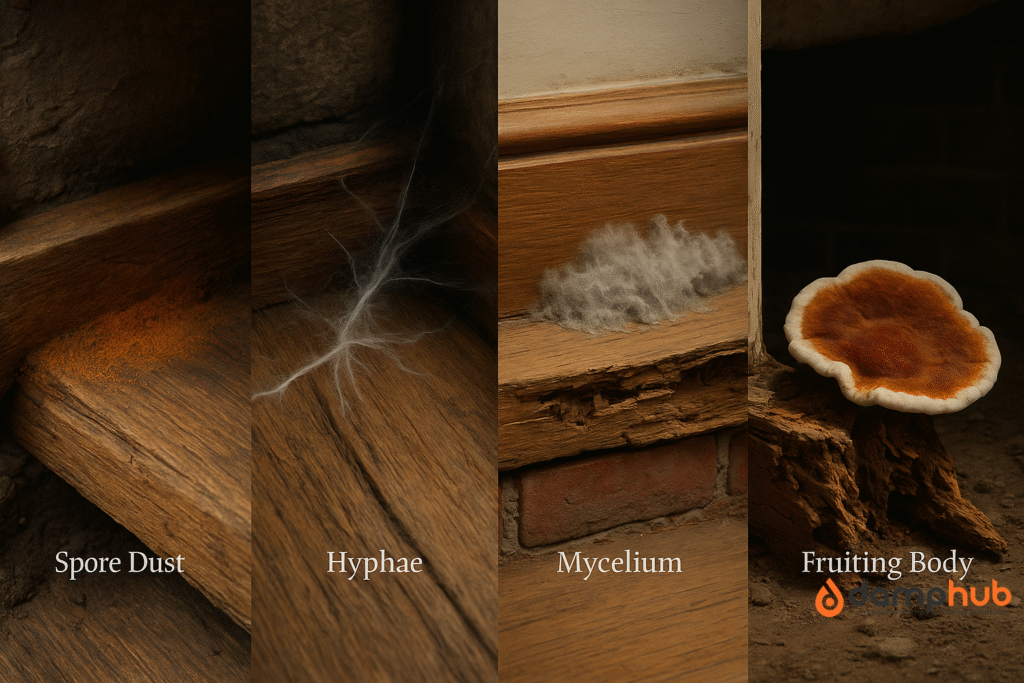 Four-stage dry rot progression in timber, shown in vertical sections: Spore Dust with orange fungal dust on intact wood; Hyphae with white, thread-like strands on damp timber; Mycelium with fluffy grey mass and surface wood damage; Fruiting Body with a rust-coloured mushroom growth on decayed wood.