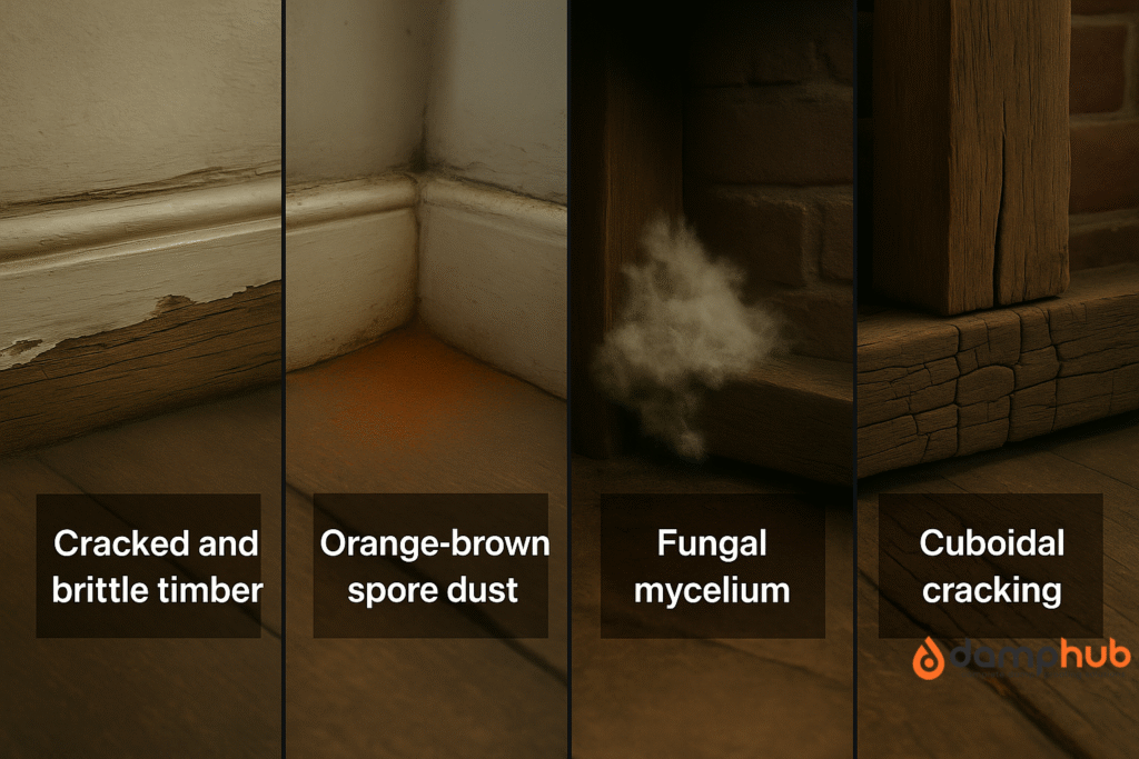 A realistic landscape image split into four labeled sections showing dry rot symptoms: 1) cracked, brittle timber; 2) orange-brown spore dust; 3) white fungal mycelium; 4) cuboidal cracking in decayed wood.