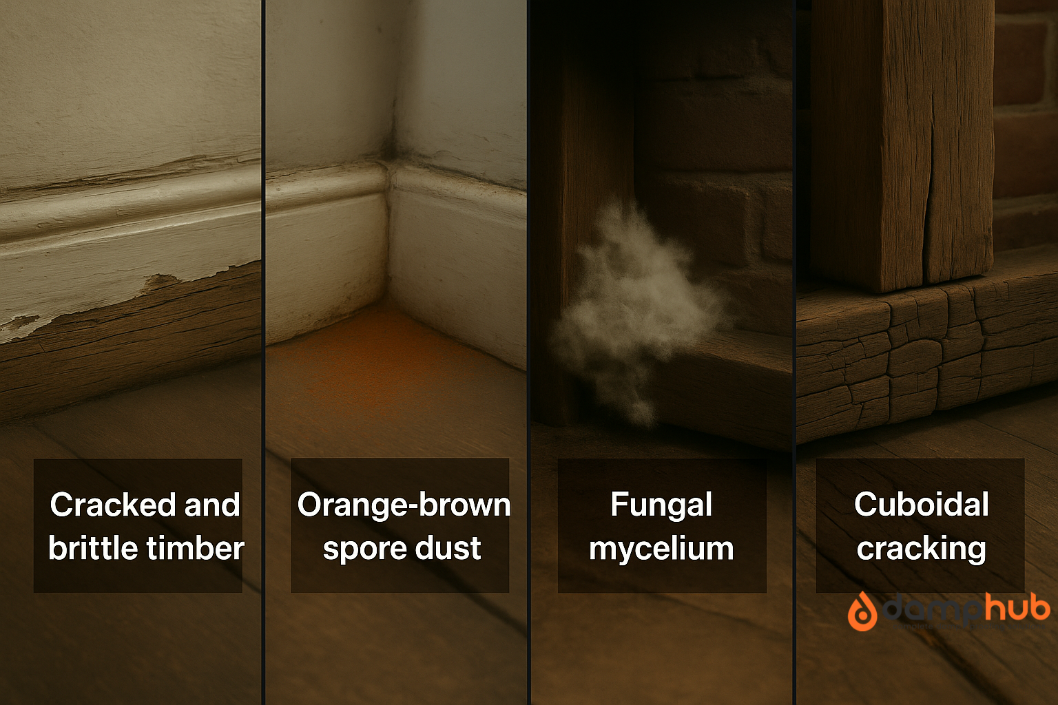 A realistic landscape image split into four labeled sections showing dry rot symptoms: 1) cracked, brittle timber; 2) orange-brown spore dust; 3) white fungal mycelium; 4) cuboidal cracking in decayed wood.