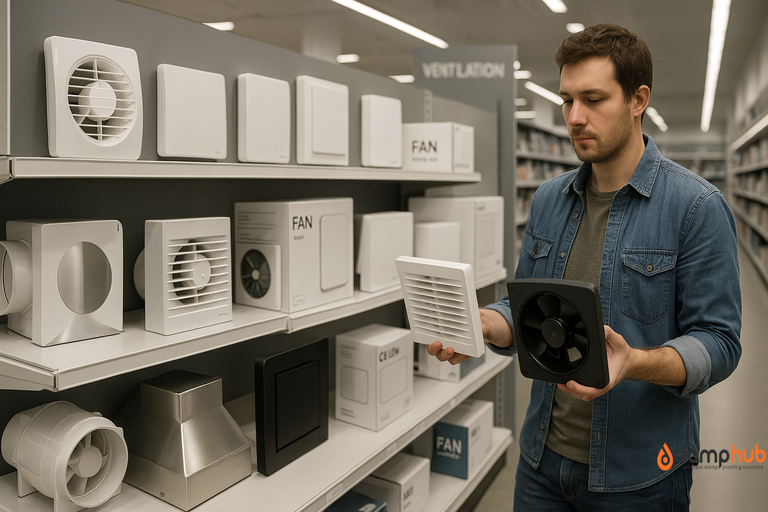 A photograph depicts a light-skinned man in a ventilation section of a home improvement store, wearing a denim jacket and holding two extractor fans—one white and one black—while comparing them. The shelves beside him display various types of extractor fans in different shapes and sizes, including bathroom, kitchen hood, and inline duct fans. The store is brightly lit with clean, organized aisles and visible packaging labels.