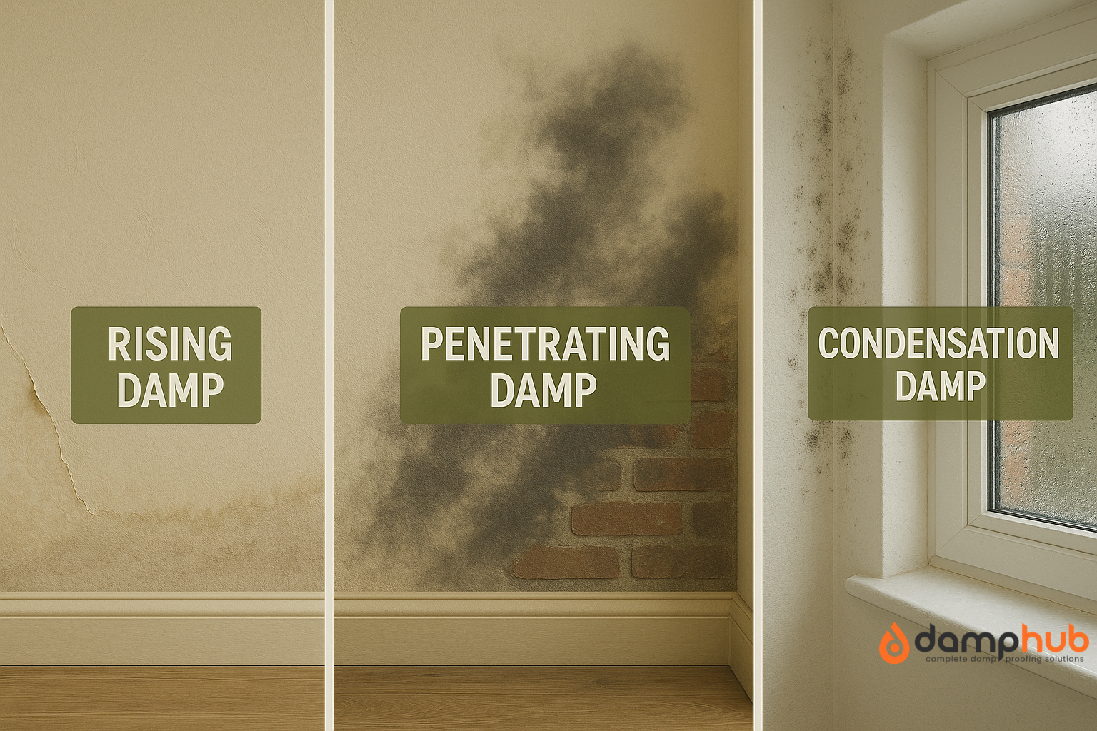 A realistic, landscape-format image divided into three vertical sections, each showing a type of damp with a green label. The left section labeled “Rising Damp” shows tide marks and stains at the bottom of a wall. The middle section, “Penetrating Damp,” displays dark patches spreading inward on a wall with exposed brick. The right section, “Condensation Damp,” shows black mould and moisture near a window with condensation on the glass.