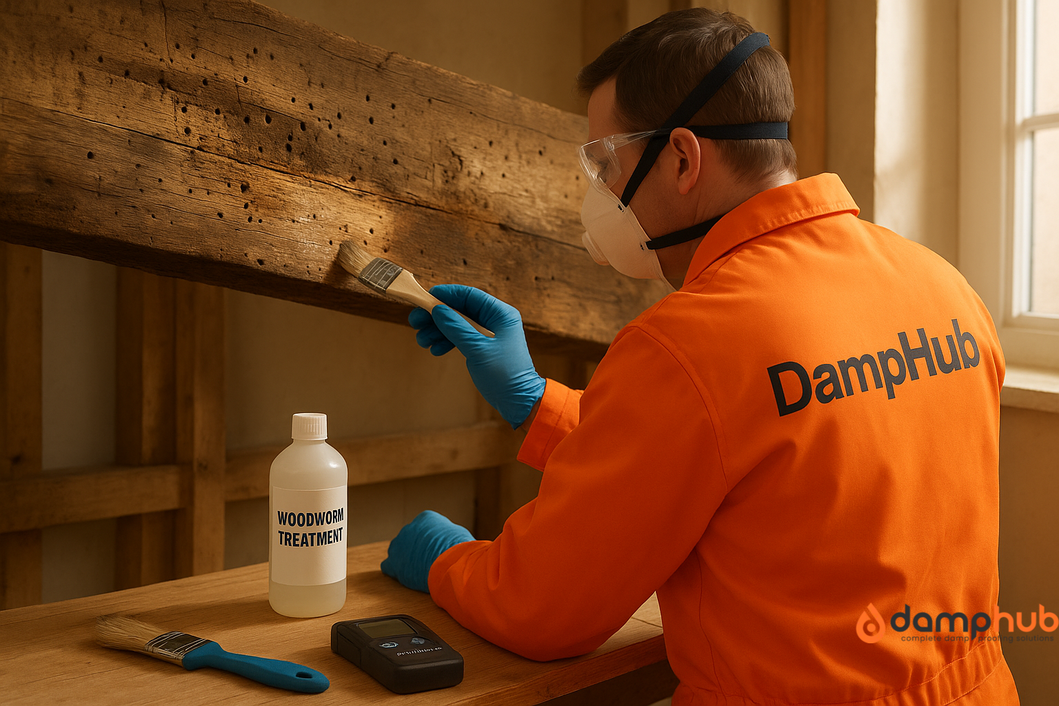 DampHub.co.uk expert in bright orange PPE with 'DampHub.co.uk' printed on the back, wearing safety goggles, dust mask, and blue gloves, applying woodworm treatment liquid with a brush to a damaged wooden beam showing exit holes and cracks, with treatment tools and moisture meter on a nearby workbench in warm natural light.