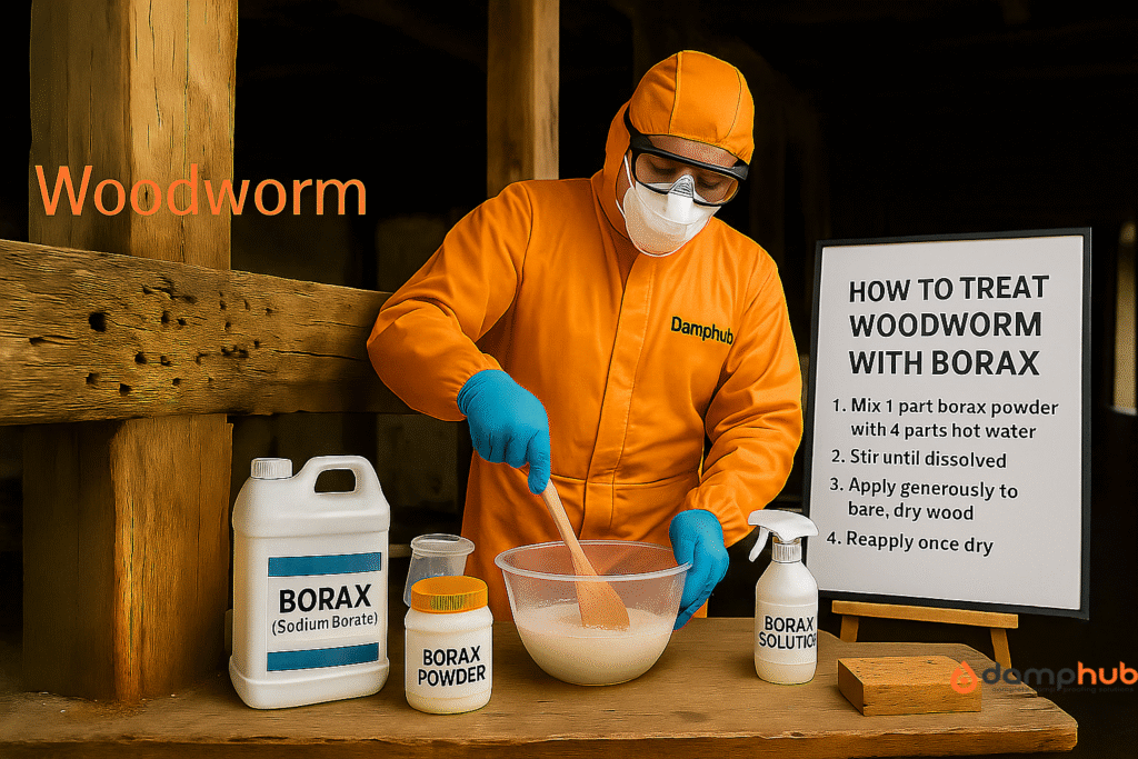 How to treat apply woodworm treatment. A professional in an orange Damphub-branded protective suit mixes a borax solution in a clear bowl while preparing to treat woodworm in a rustic timber setting. On the table are clearly labeled containers: "BORAX (Sodium Borate)", "BORAX POWDER", and a spray bottle labeled "BORAX SOLUTION". A signboard beside him outlines step-by-step instructions for using borax to treat woodworm. The environment features visibly infested wooden beams.