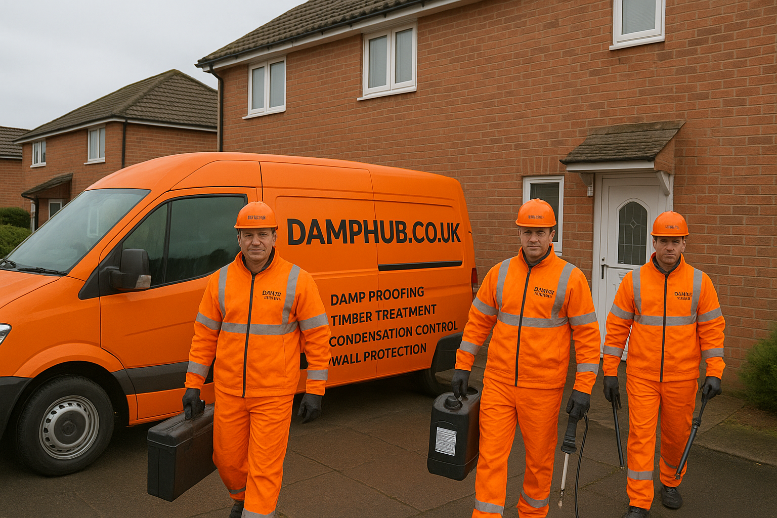 Four DampHub.co.uk professionals in bright orange PPE carrying damp proofing equipment arrive at a UK brick home, with a branded orange van parked outside displaying services like damp proofing, timber treatment, and condensation control.