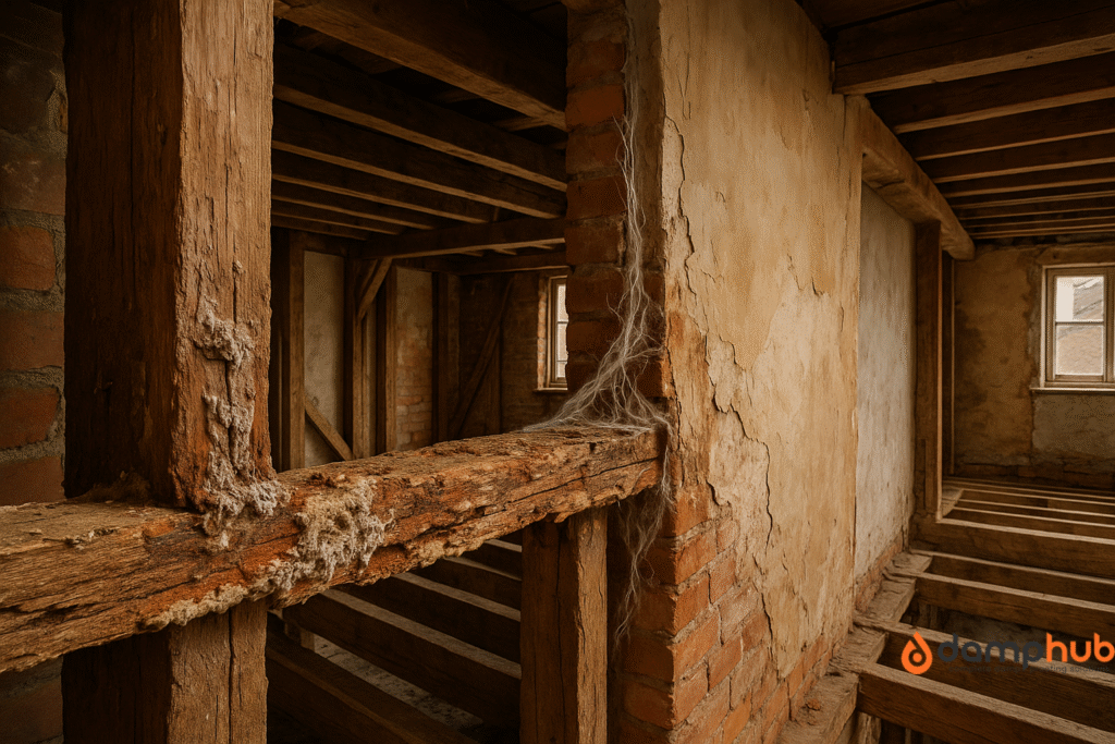 A realistic wide‑angle photograph of a partially renovated British home interior, showing structural timber damaged by dry rot spreading to nearby materials. Cracked, discoloured beams with white fungal growth and reddish spore dust are visible. Mycelial strands extend from the wood across damp brickwork and onto old plaster, illustrating the fungus travelling beyond timber. Natural daylight highlights the contrast between decayed and healthy areas.