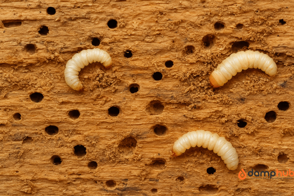 A close-up, landscape image of damaged timber showing several woodworm larvae and small round exit holes, with fine wood dust scattered across the surface, highlighting an active infestation.