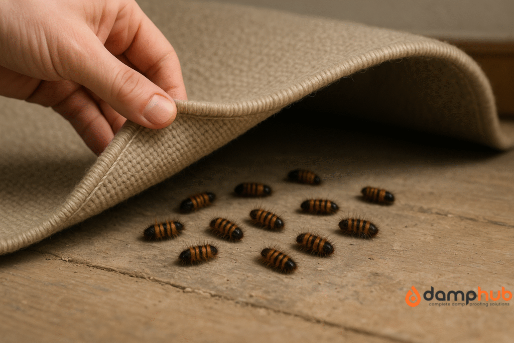 A close-up, landscape image of a person lifting the edge of a beige woven carpet to reveal multiple woolly bear carpet beetle larvae underneath. The larvae are brown with dark stripes and covered in short bristles, crawling across a wooden floor near the skirting board — a typical hidden infestation site in UK homes.