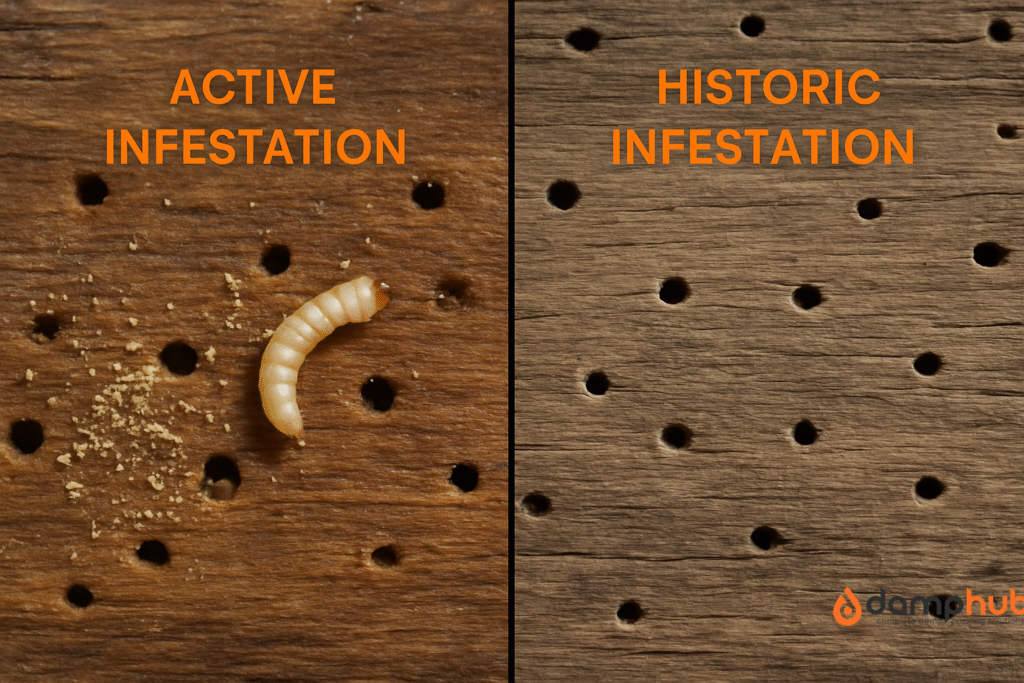 A side-by-side, realistic landscape image showing the difference between an active and historic woodworm infestation in timber beams. The left side, labeled "Active Infestation" at the vertical center in orange (#F96C25), shows fresh boreholes, frass (wood dust), moist and darker wood, and visible woodworm larvae. The right side, labeled "Historic Infestation" at mid-height in the same orange text, shows dry wood with clean-edged, empty boreholes and no frass, indicating a past infestation. Lighting highlights the contrast in wood texture and condition between the two sides.