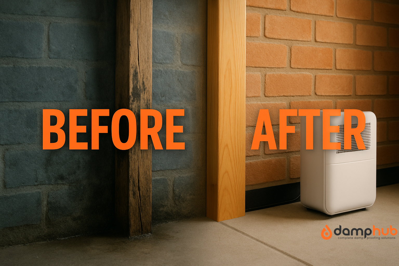 Side-by-side comparison of a damp, mouldy wall and timber beam labeled 'BEFORE' on the left, and a clean, dry, repaired wall with a dehumidifier labeled 'AFTER' on the right. The words are in bold orange (#F96C25), with a split in the middle showing the transition from damaged to restored.