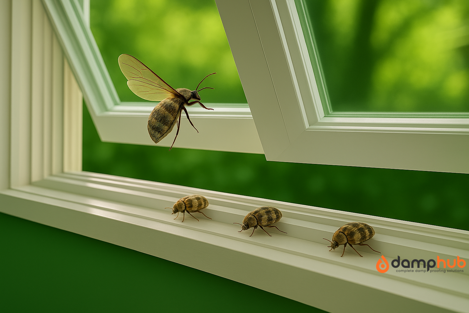 A close-up of a white-framed open window with four carpet beetles on the sill, including one in mid-flight, against a blurred green outdoor background.