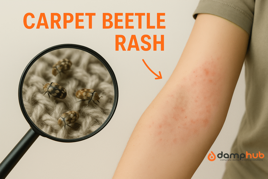 A close-up image shows a person’s forearm with a red, blotchy rash caused by carpet beetle exposure. Beside it, a magnifying glass highlights several carpet beetles crawling on a textured fabric surface. The background is orange, and the heading “CARPET BEETLE RASH” appears in bold text coloured #F96C25, with an arrow pointing to the irritated skin.