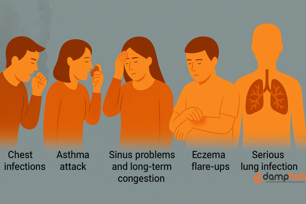 A landscape-format infographic showing the health effects of living in a damp house. Five figures are illustrated clearly: one coughing (chest infections), one using an inhaler (asthma attack), one holding their head and nose (sinus problems), one scratching their arm (eczema flare-up), and one with semi-transparent lungs showing fungal infection (serious lung infection). The background is bright and the figures are more visible against it.