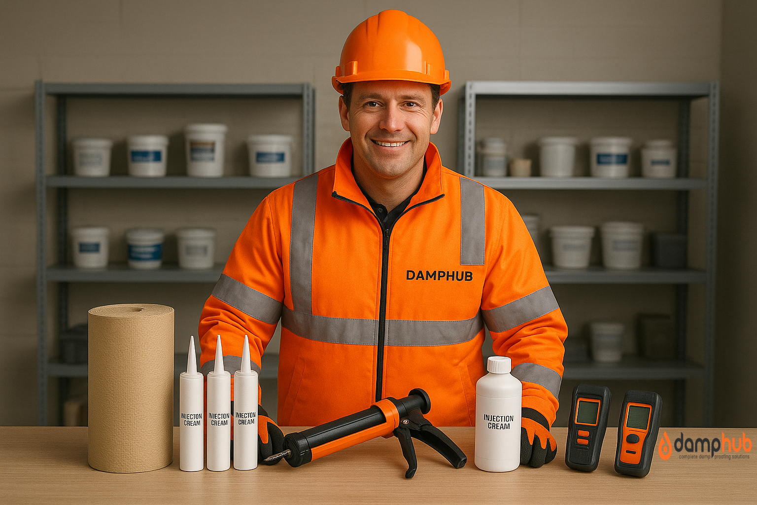 A construction expert wearing bright orange PPE with “DAMPHUB” on the jacket stands behind a workbench in a well-lit workshop. In front of him are unbranded damp proofing products including DPC rolls, white bottles labeled “Injection Cream,” an applicator gun, and two moisture meters. Behind him are organized metal shelves holding white buckets and other supplies.