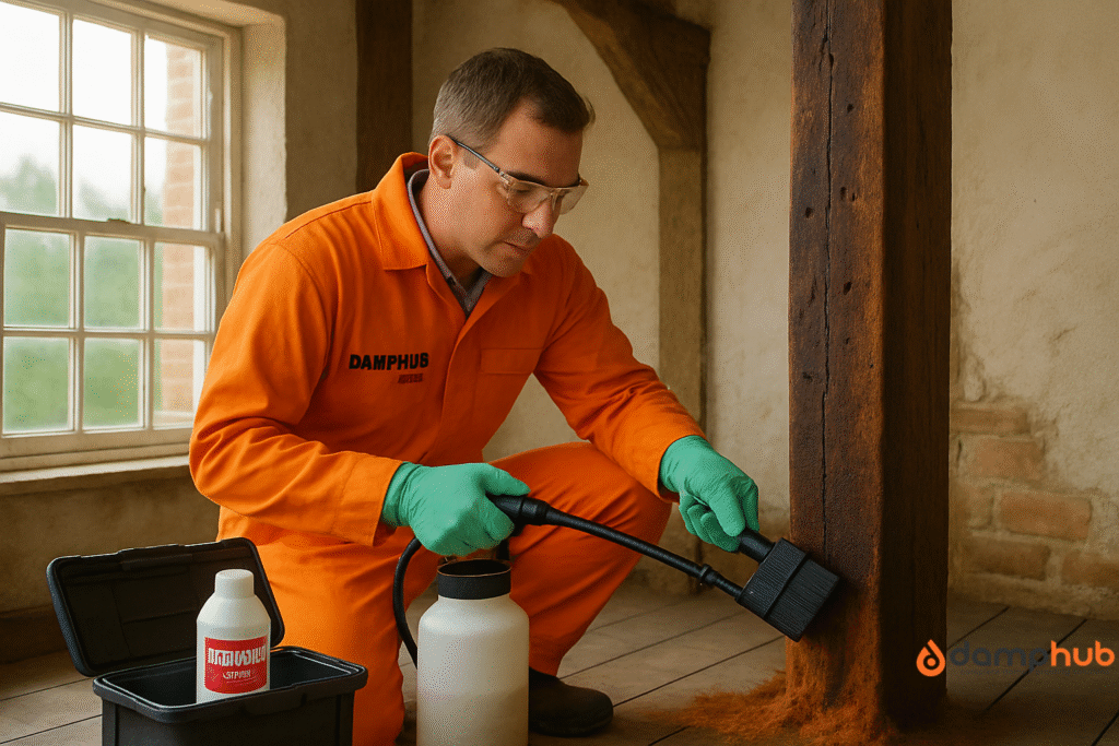 DampHub.co.uk technician applying woodworm and damp treatment to a dark, damp timber beam with visible exit holes inside an old British home, using a low-pressure sprayer and brush, with treatment products in a toolbox nearby.