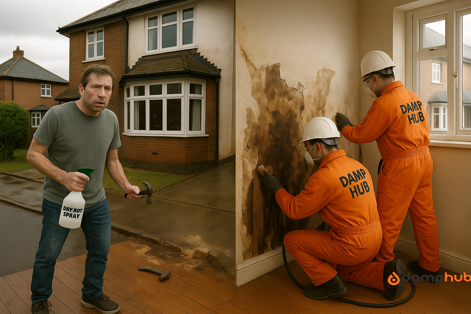 A side-by-side image shows a DIY homeowner and professional workers dealing with damp issues. On the left, a man in casual clothes stands outside a brick house holding a labeled “DRY ROT SPRAY” bottle and a hammer, looking concerned. On the right, two professionals in bright orange coveralls labeled “DAMP HUB” and wearing white hard hats and masks, treat severe damp damage inside a room with peeling plaster and mold.