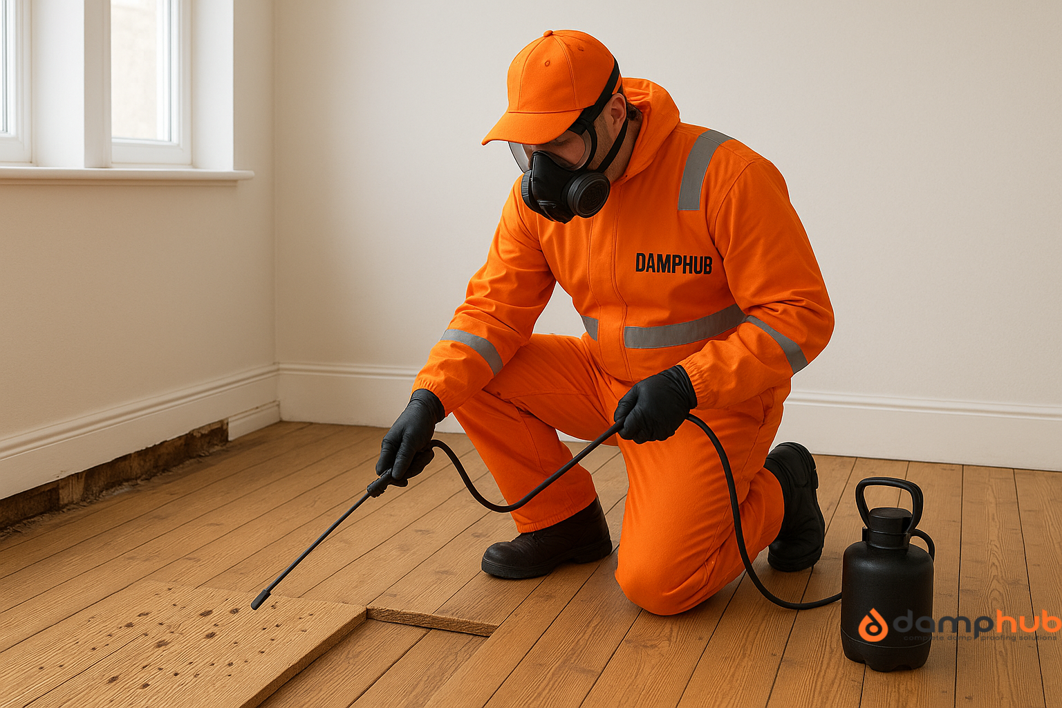 Landscape image of a professional pest control technician wearing bright orange PPE with a clear “DAMPHUB” label on the chest, kneeling on a wooden floor while spraying treatment into woodworm exit holes on an exposed floorboard. The technician uses a single black spray wand connected to a treatment canister, in a bright residential room with skirting boards removed to reveal damaged wood.