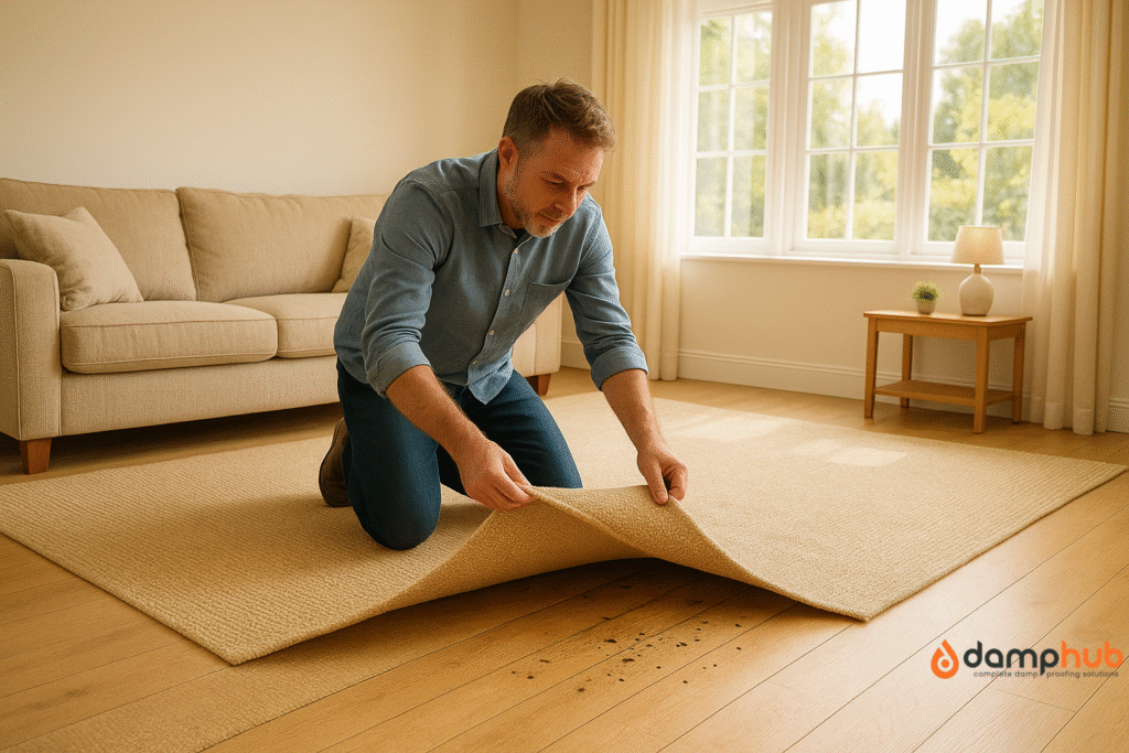 A middle-aged man kneels in a bright, modern living room, lifting the corner of a large beige woven rug that covers most of the wooden floor. The exposed floorboards show small woodworm exit holes and light surface damage. Sunlight streams through tall windows behind him, illuminating a beige sofa, light walls, and a small wooden side table with a plant and lamp.