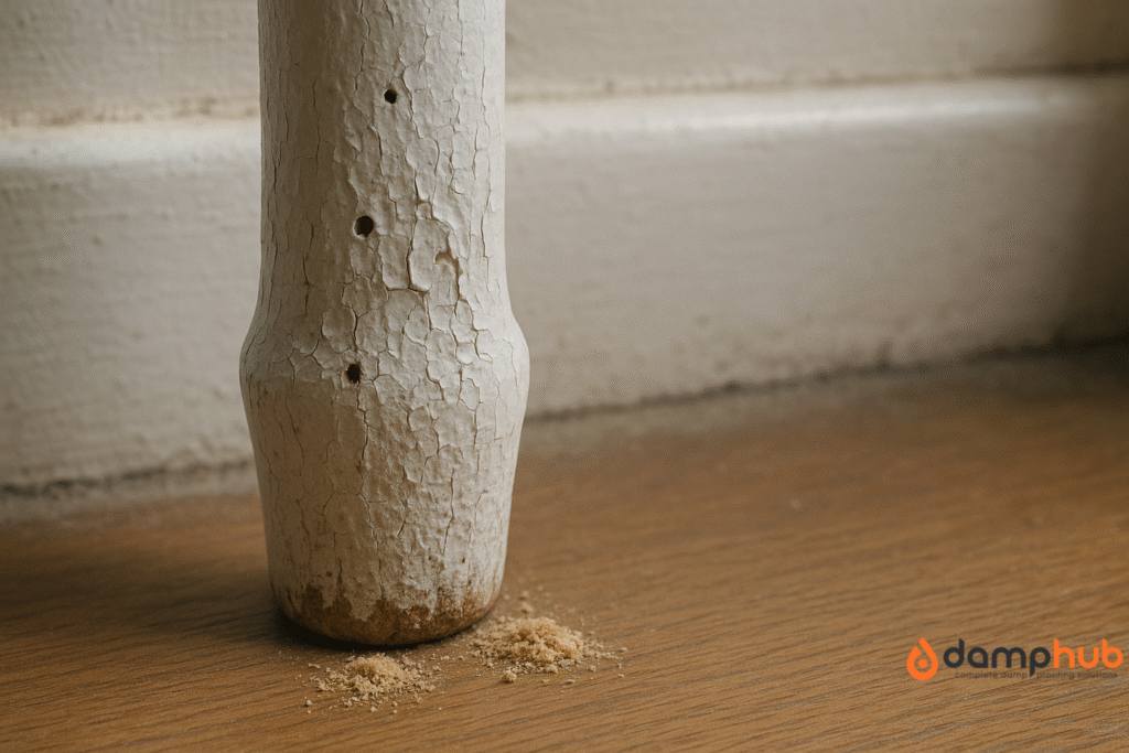 Close-up landscape photograph of the bottom section of a white-painted wooden chair leg in a UK home, showing cracked and flaking gloss paint with multiple small round woodworm exit holes. At the base, on a wooden floor, there are small piles of beige wood dust (frass), indicating active infestation. A slightly dusty skirting board is visible in the softly lit background.