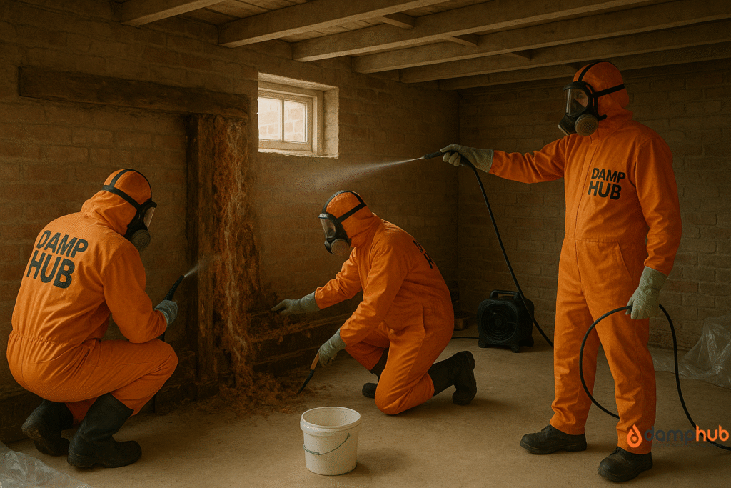 Three professionals in bright orange protective suits and respirators, labelled ‘Damp Hub’, treating severe dry rot on a brick wall inside a basement. One is spraying treatment, another is scraping away damaged timber, and a third is applying fungicide with a hose.