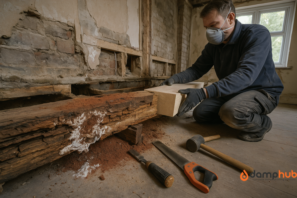 A tradesperson wearing protective gloves, work trousers, and a dust mask replaces a rotting timber beam inside a partially renovated British home. The old beam shows deep cracks, white fungal growth, and reddish dust from dry rot, while the new timber piece is clean, smooth, and pale in colour. Natural daylight enters through a nearby window, highlighting the contrast between damaged and healthy wood. Tools including a saw, chisel, and mallet are laid out on the wooden floor beside the worker.