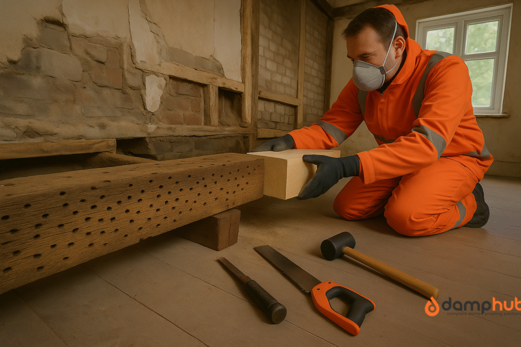 A worker wearing bright orange PPE, including a hooded coverall, gloves, and a face mask, replaces a wood beam severely damaged by woodworm holes with a new, clean timber beam inside a partially renovated room, with hand tools laid on the wooden floor nearby.