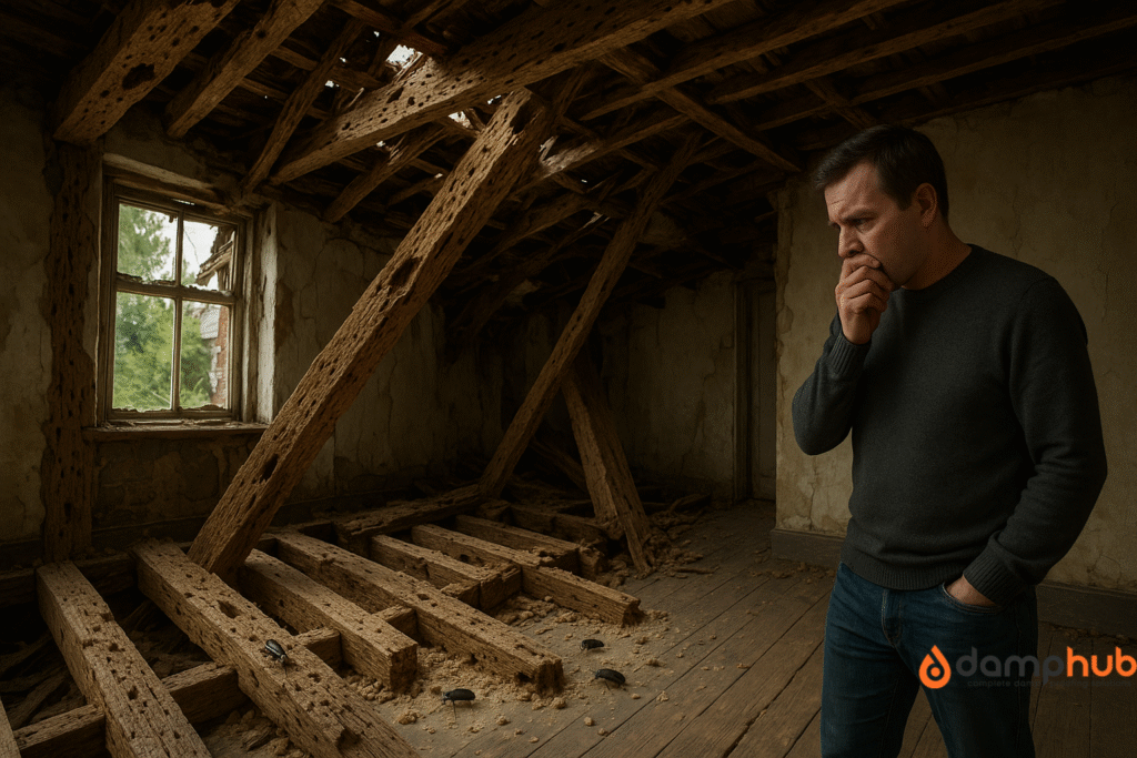 A concerned man stands in a severely damaged attic with exposed, crumbling timber beams infested by wood-boring beetles. The wooden floorboards and roof structure are riddled with exit holes and dust from active infestation. Several large beetles are visible on the timbers. Natural light enters through an old window, highlighting the extent of the structural decay. The scene conveys the seriousness of untreated woodworm damage. The Damp Hub logo appears in the bottom right corner.